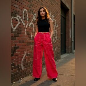 Unbranded Red White Cargo Utility Pants high rise cotton elastane size 8 stretch